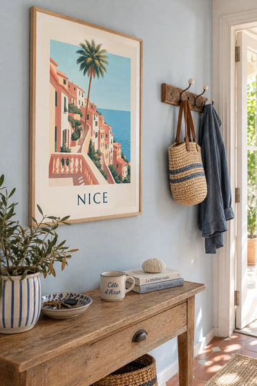 Poster of ocher houses and azure sea on the hills of Nice: framed on the wall