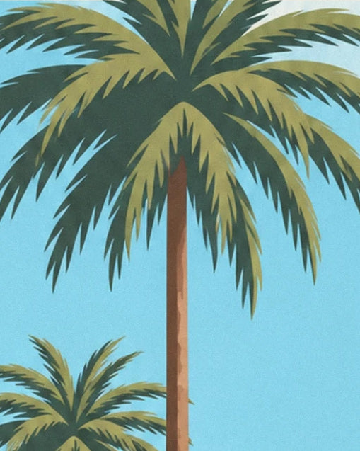The olive-green fronds of a tall palm against the blue sky of Nice