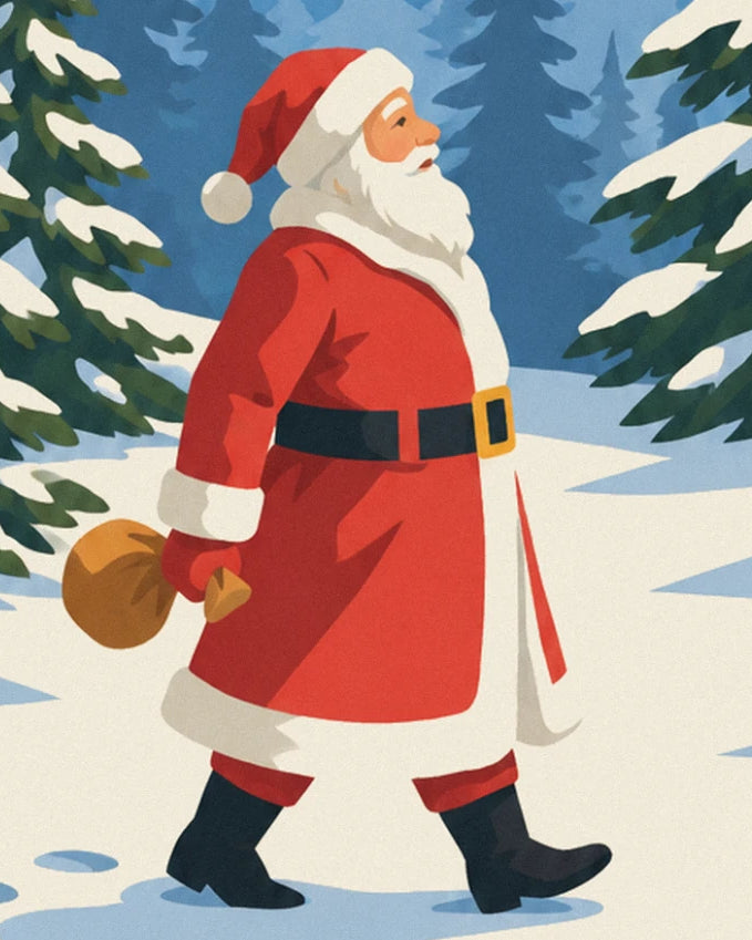 Le Père Noël en manteau rouge, son sac de cadeaux à la main, marchant dans la neige