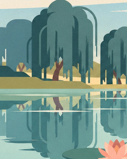 The willows with drooping branches and their reflections in the pond, beside a pink water lily