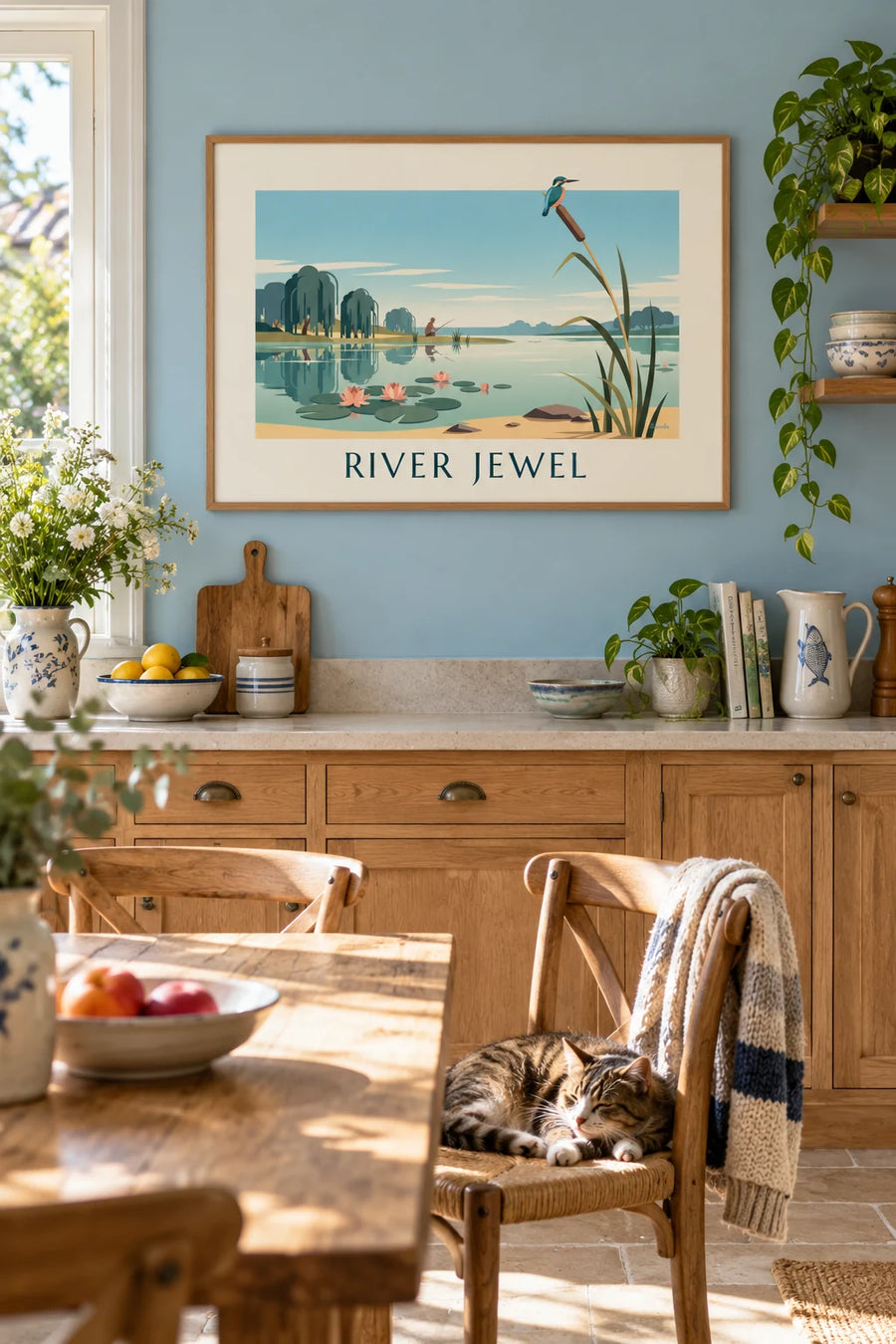 Poster of a kingfisher perched on a cattail by the pond: framed on a wall