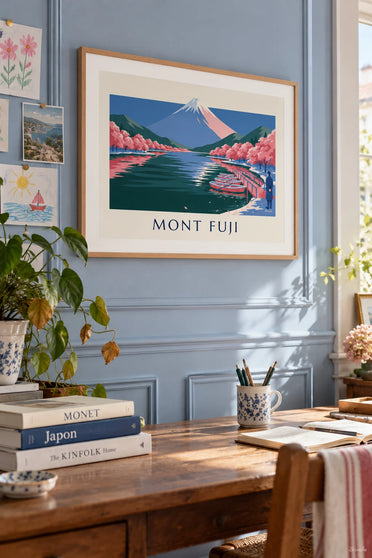 Plakat med Fuji-bjerget, kirsebærblomster og både ved badebroen: indrammet på væggen