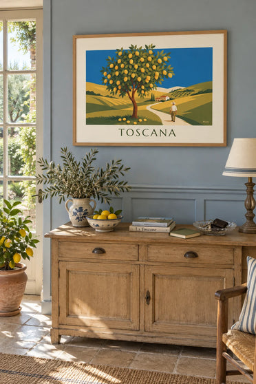 Plakat med citrontræ i en have i Toscana i solskin: indrammet på væggen