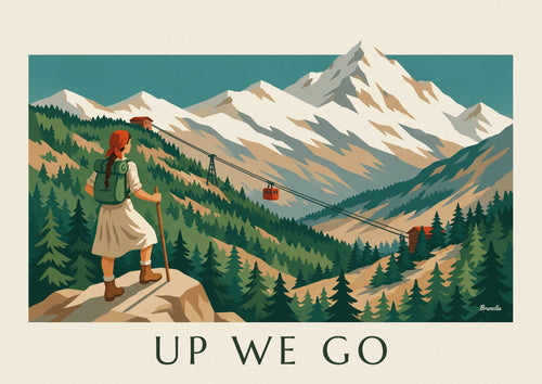 Affiche randonneuse face à un téléphérique et une montagne enneigée : l'affiche entière
