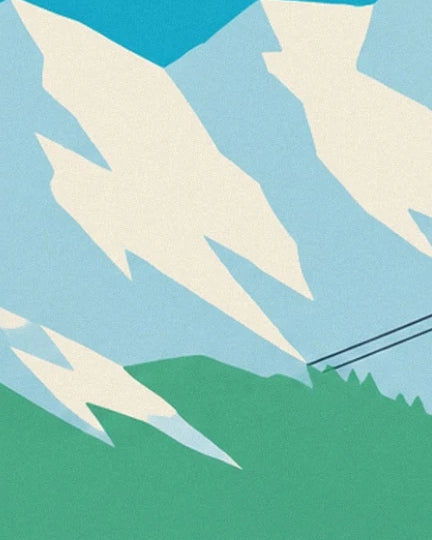 The snowy mountain slopes above the green hills and cables