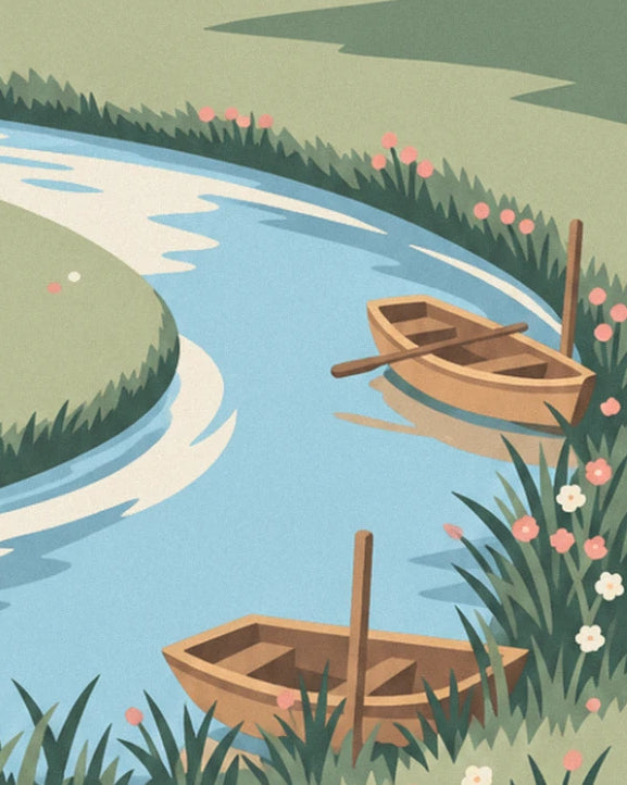 The 2 wooden rowing boats and their oar on the river, among pink flowers