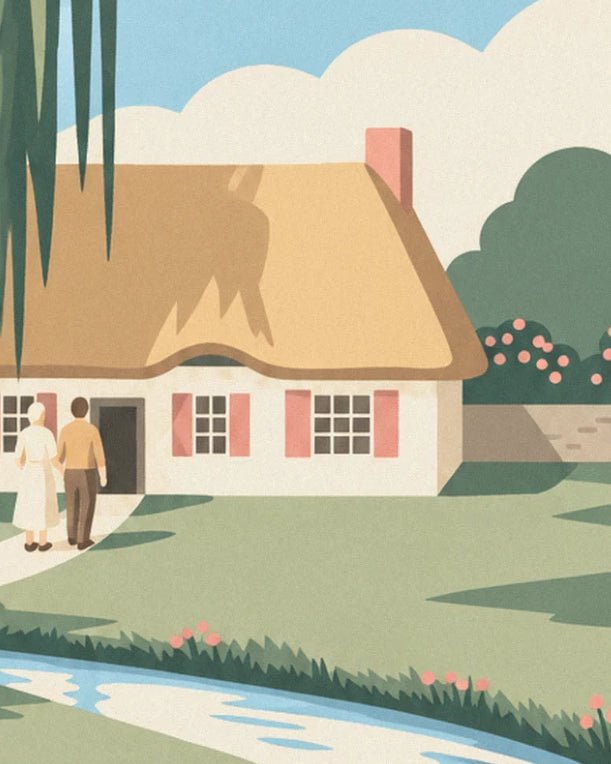 The couple at the door of the thatched cottage with pink shutters