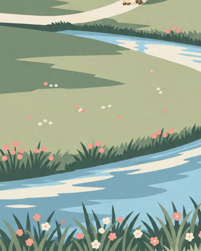 The green meadow with pink and white flowers beside the blue river