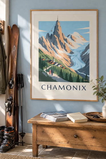 Affiche massif du Mont-Blanc vu depuis Chamonix : encadrée au mur