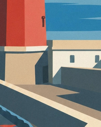 The red base of the Risban lighthouse and cream buildings with blue-tinged shadows