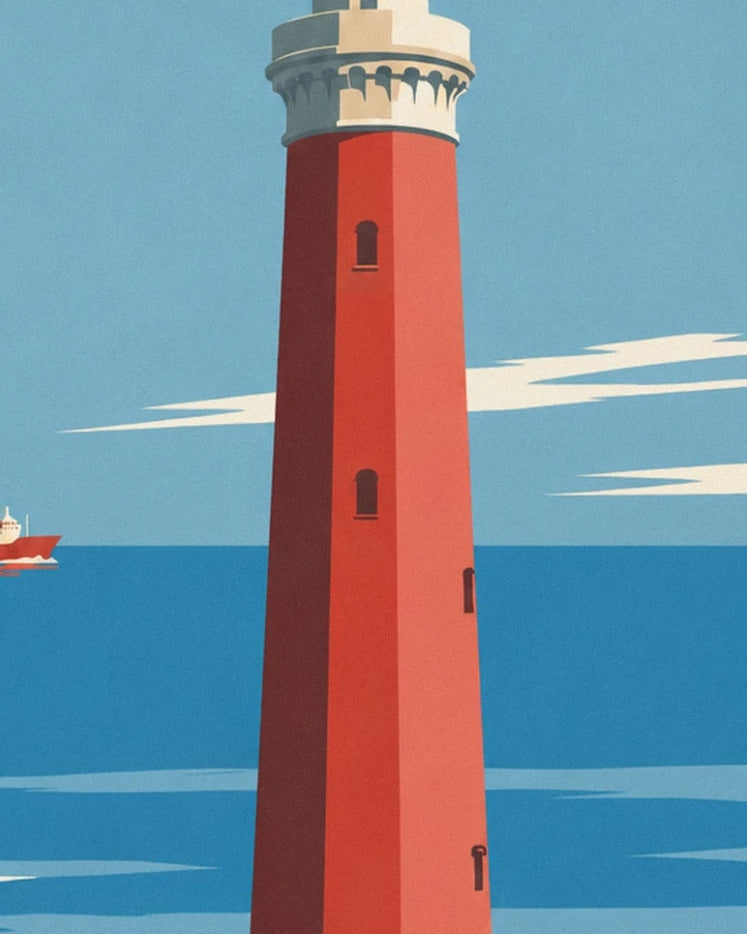 The red Risban lighthouse and its white crown against the blue sea