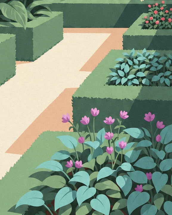 Clipped box hedges lining the pale path, with pink flowers on a bed of blue-green foliage