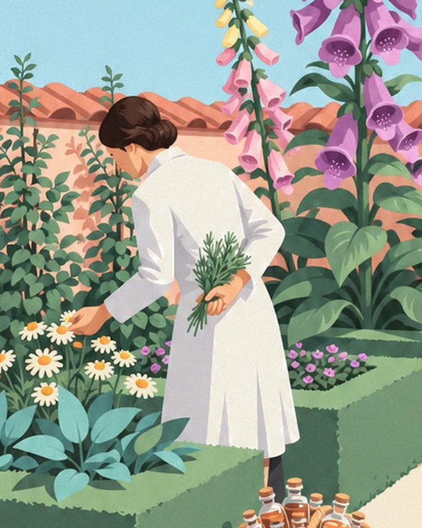 The pharmacist in a white coat picking a daisy, with a bunch of herbs behind her back