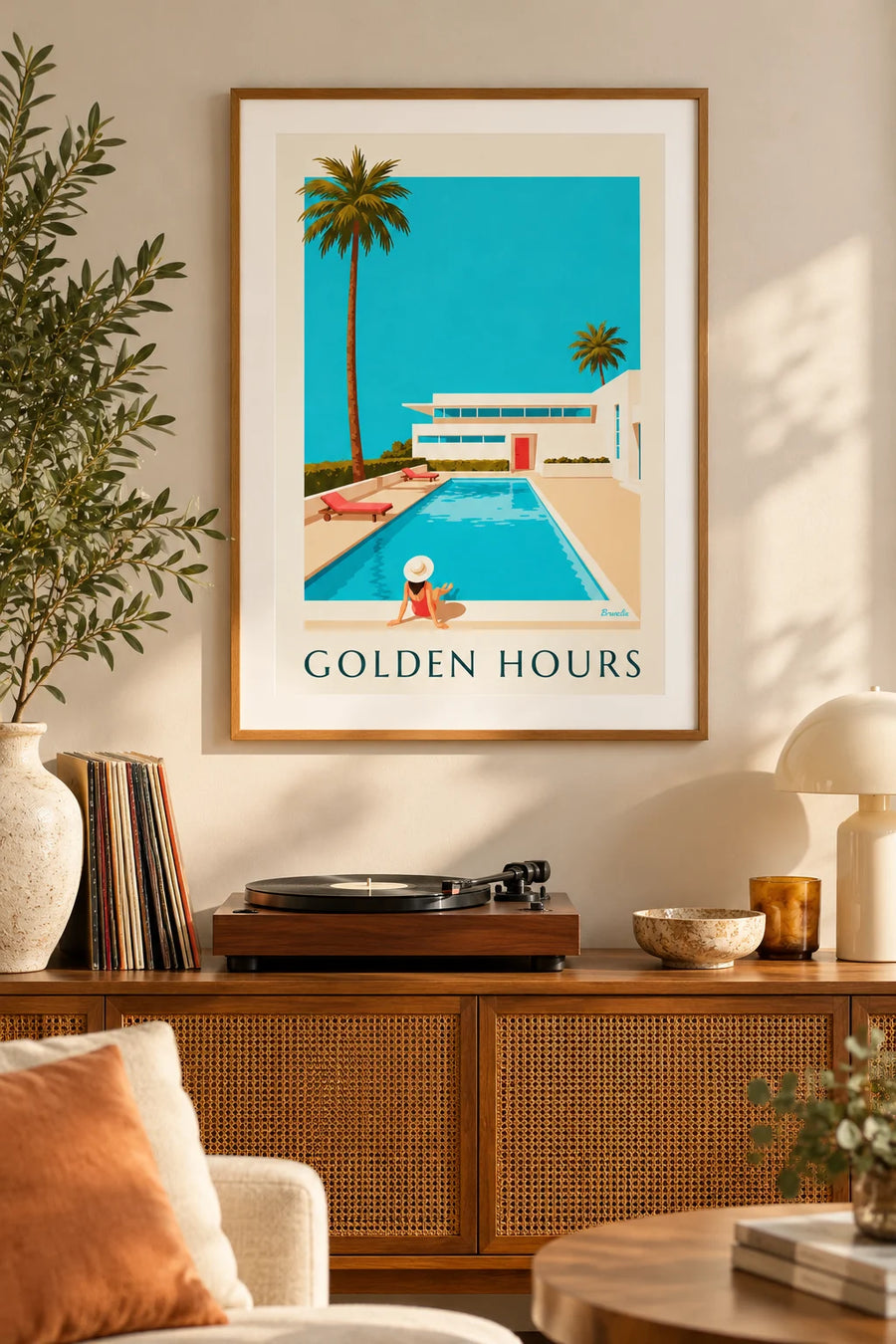 Affiche villa moderniste blanche avec piscine et palmiers : encadrée au mur
