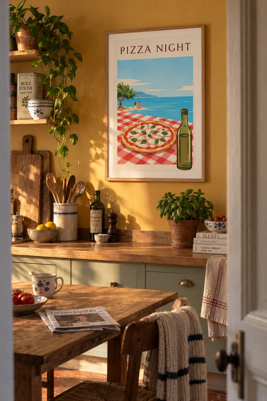 Poster of a mozzarella and basil pizza on a checkered tablecloth: framed on the wall