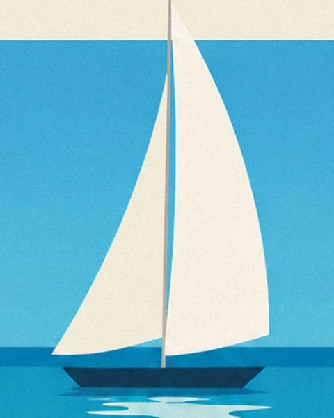 A sailing boat with large white sails and a dark hull on the turquoise sea