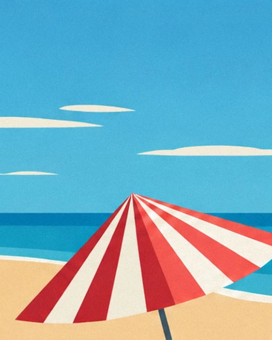 The red and cream striped parasol on the sand, facing the turquoise sea