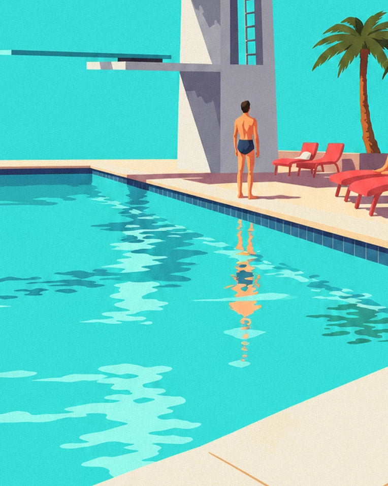 Outdoor pool diving board in the sun poster: close-up detail