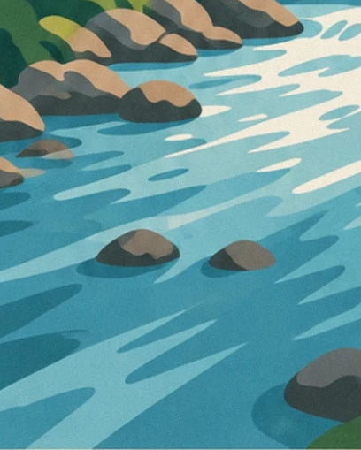 The grey and beige rocks in the turquoise waters of the Daiya river