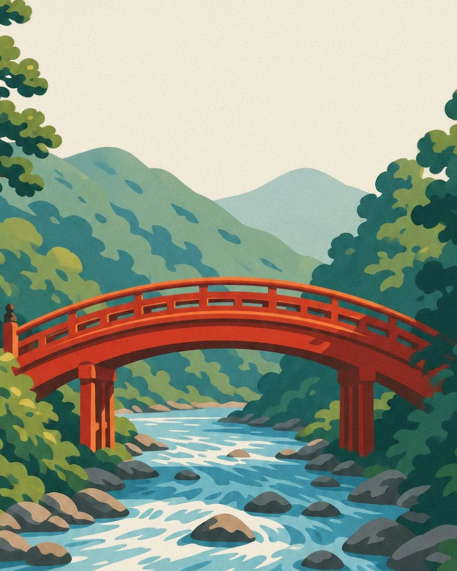 The red Shinkyō bridge above the turquoise waters of the Daiya, between the mountains