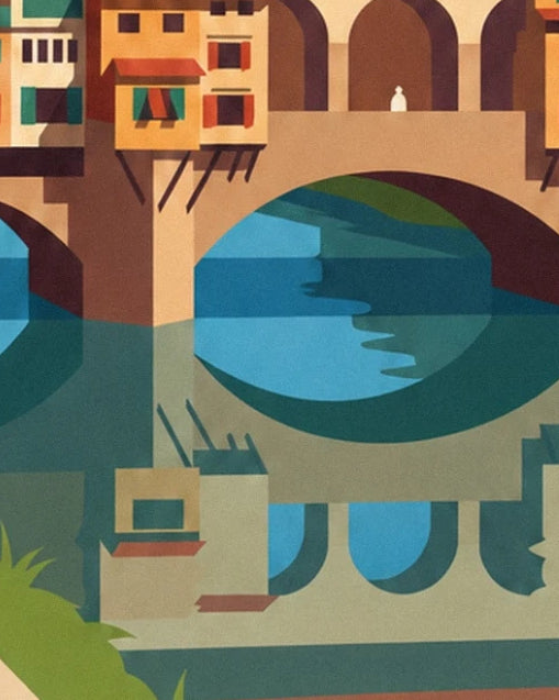 An arch of the Ponte Vecchio and its rounded reflection in the blue and green Arno