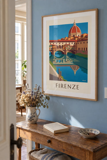 Plakat med Ponte Vecchio og Arno i Firenze: indrammet på væggen
