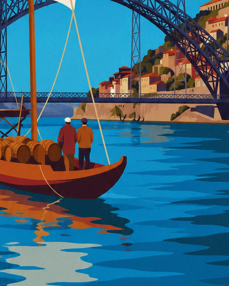 Porto Dom Luís I Bridge and rabelo boat on the Douro poster: close-up detail
