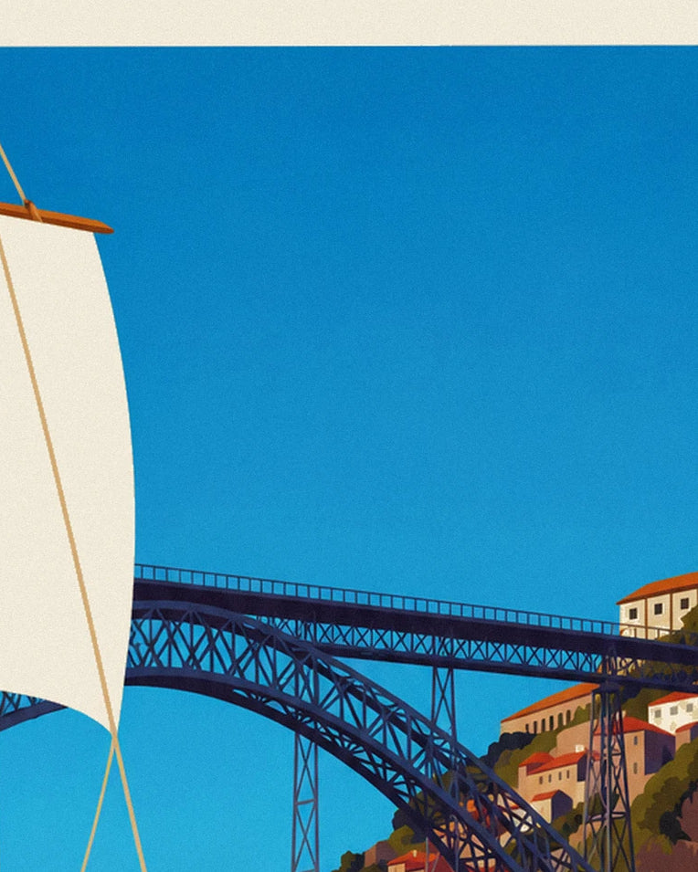 Porto Dom Luís I Bridge and rabelo boat on the Douro poster: close-up detail