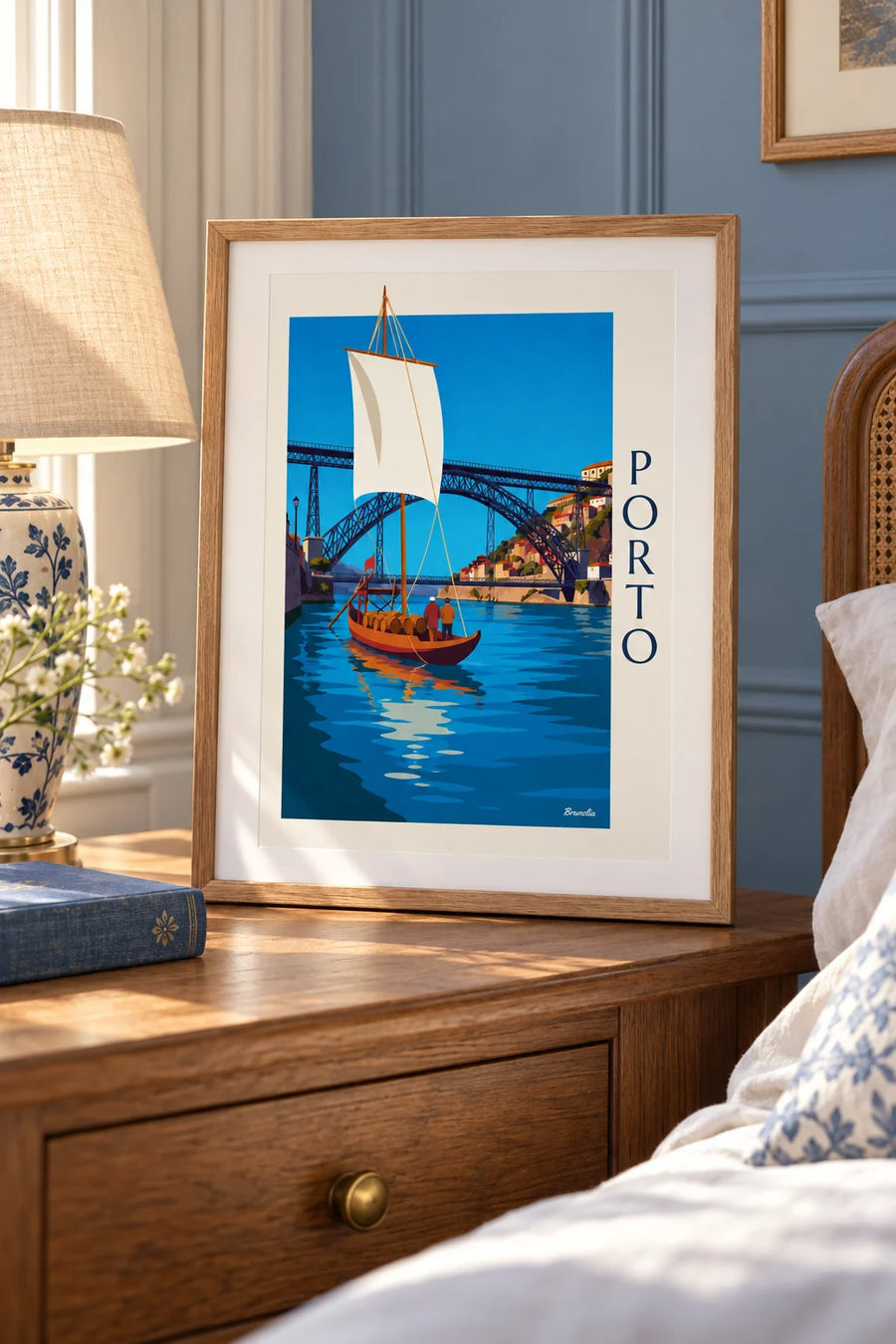Affiche pont Dom Luís et bateau rabelo sur le Douro à Porto : petit format A4 encadré