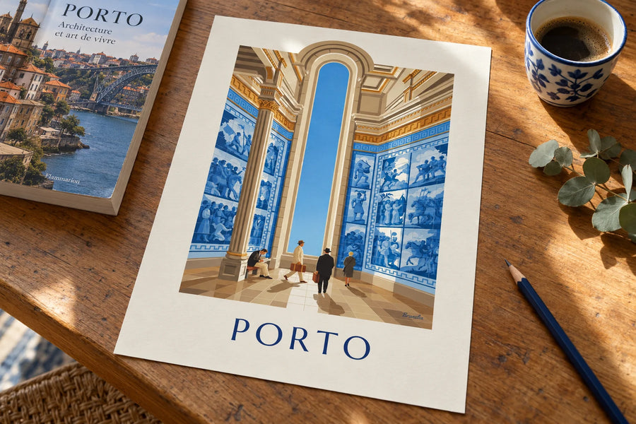 Affiche azulejos de la gare São Bento à Porto : posée sur une table