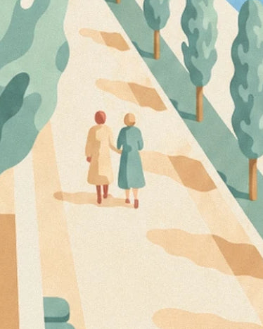 The 2 women in ochre and green coats walking along a tree-lined path