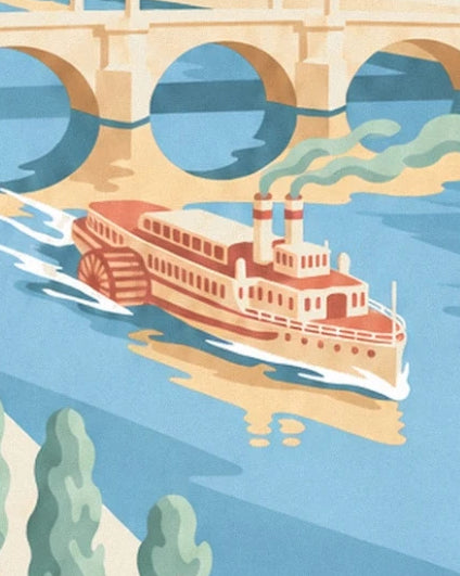 The cream and red paddle steamer on the Danube beneath the bridge arches