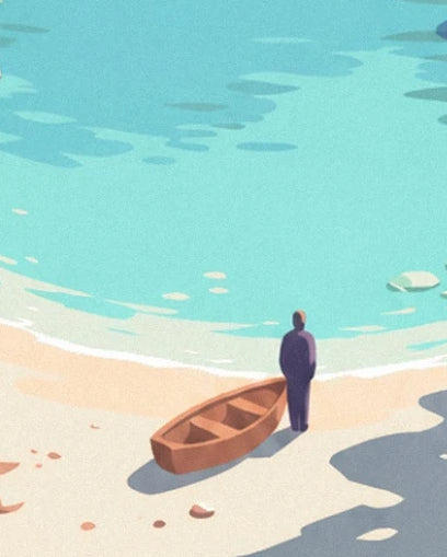 Un personnage près d’une barque brune sur la plage, face à l’eau turquoise