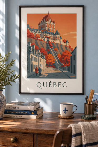 Plakat med Château Frontenac om efteråret i Québec: indrammet på væggen