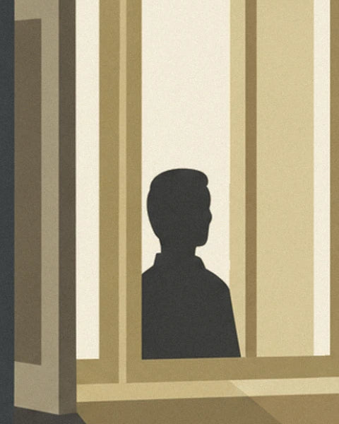 La silhouette sombre d'un homme à la fenêtre ouverte, dans la lumière crème du matin