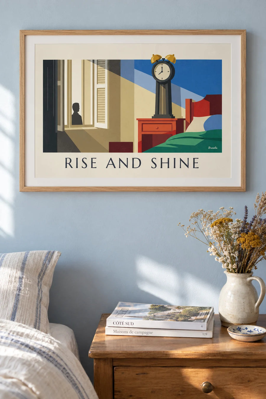 Affiche réveil mécanique à cloches au soleil du matin : encadrée au mur