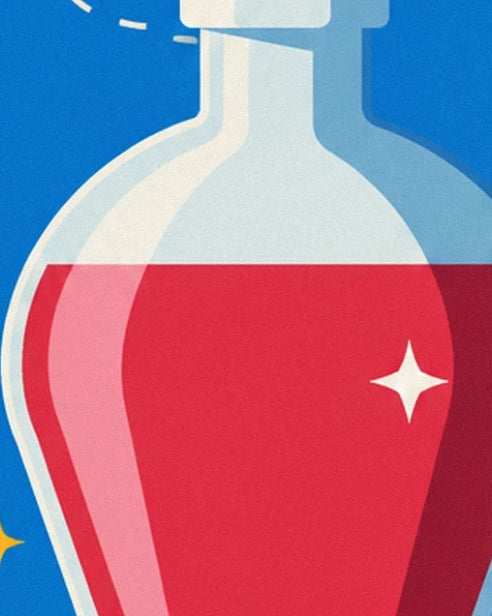 Un flacon arrondi rempli de potion rouge, avec un reflet blanc en étoile