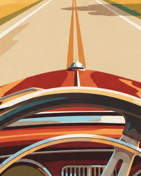 The red bonnet of the vintage car facing the road with orange lines