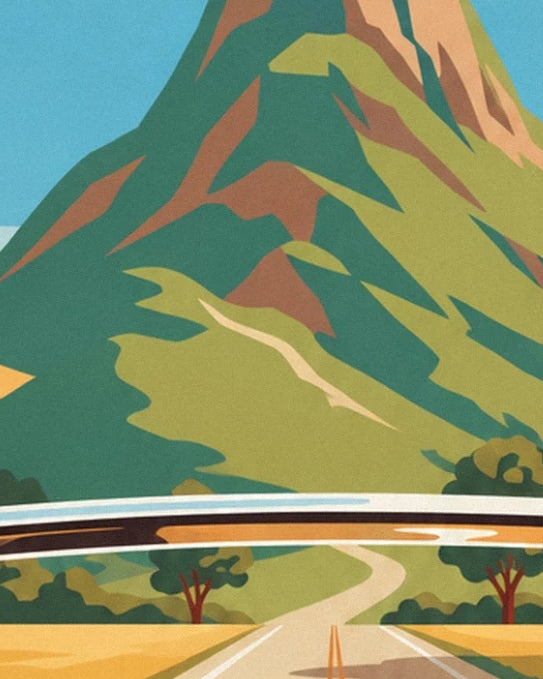 The winding road at the foot of the green and ochre mountains, seen through the windscreen