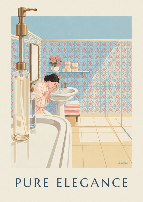 Affiche salle de bain ensoleillée, savons et lavabo en porcelaine