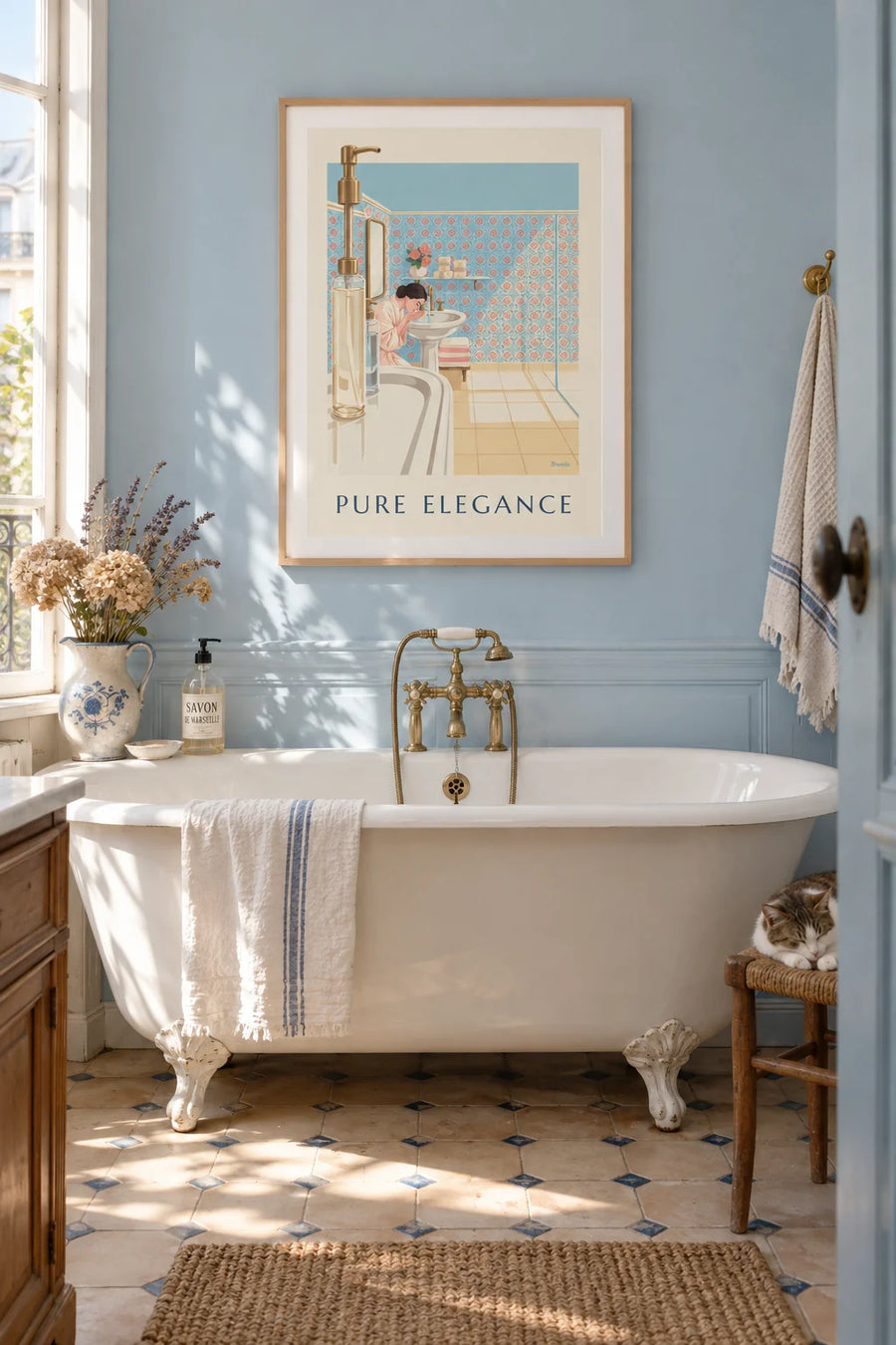 Poster of a sunny bathroom, soaps and a porcelain sink: framed on the wall