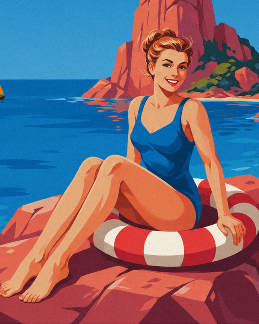 La pin-up en maillot bleu assise sur sa bouée rouge et blanche, sur les rochers rouges