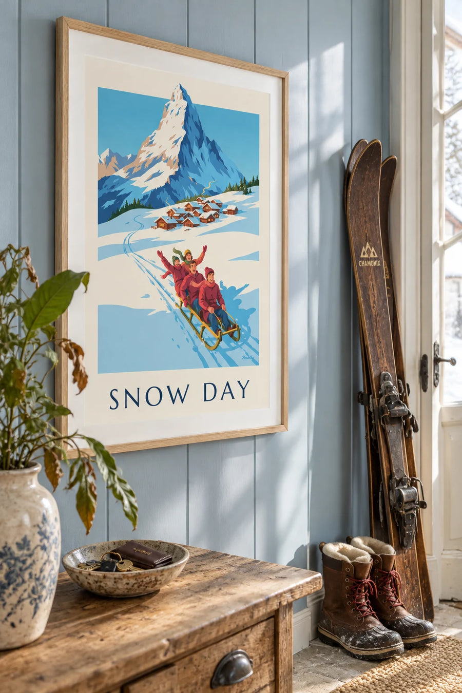 Poster of a family sledding down a snowy slope: framed on a wall