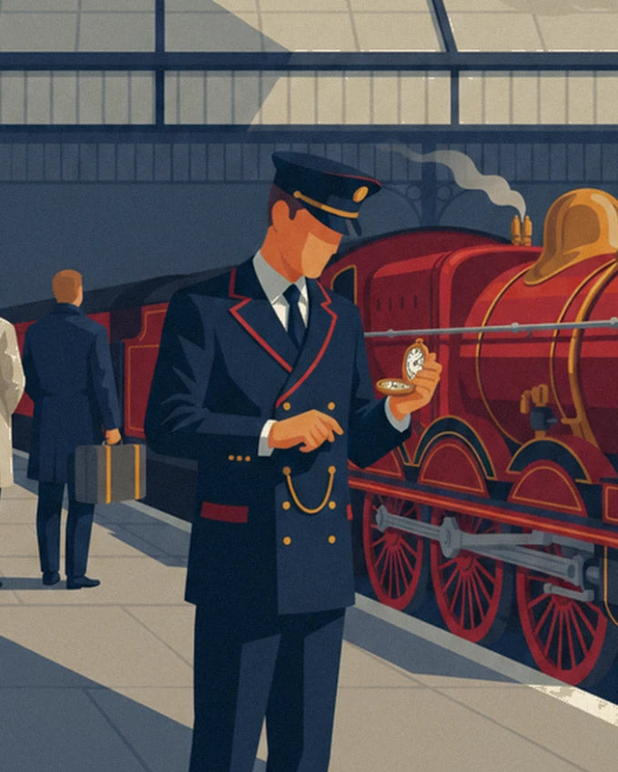 Le chef de gare en uniforme bleu marine consulte sa montre à gousset, devant la locomotive rouge