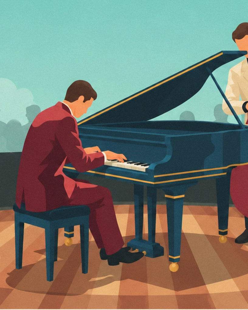 Le pianiste en costume bordeaux penché sur son piano à queue bleu nuit, sur le parquet de la scène