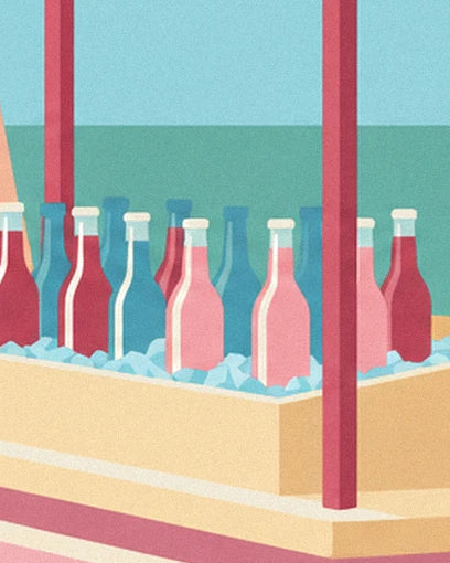 The pink, red and blue bottles in the ice at the soda stand