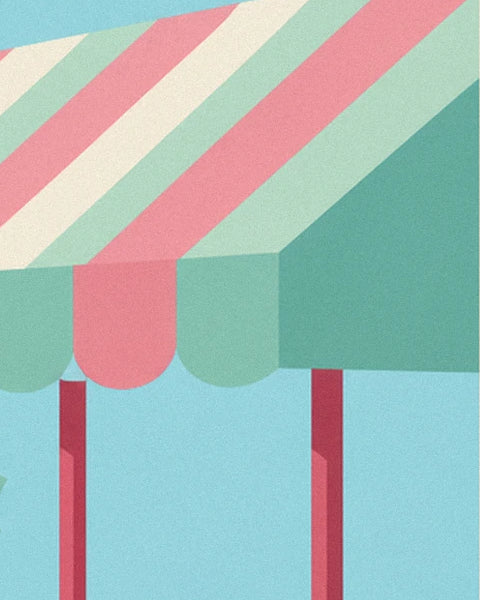 The pink, cream and green striped awning with a scalloped edge above the red posts