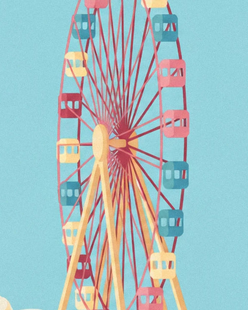 The Ferris wheel with pink, yellow and blue gondolas against a turquoise background