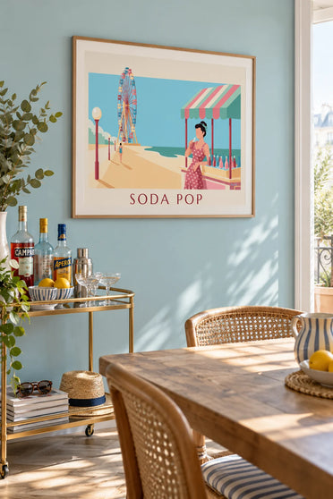 Poster of a pin-up in a polka dot dress at the beach soda stand: framed on the wall