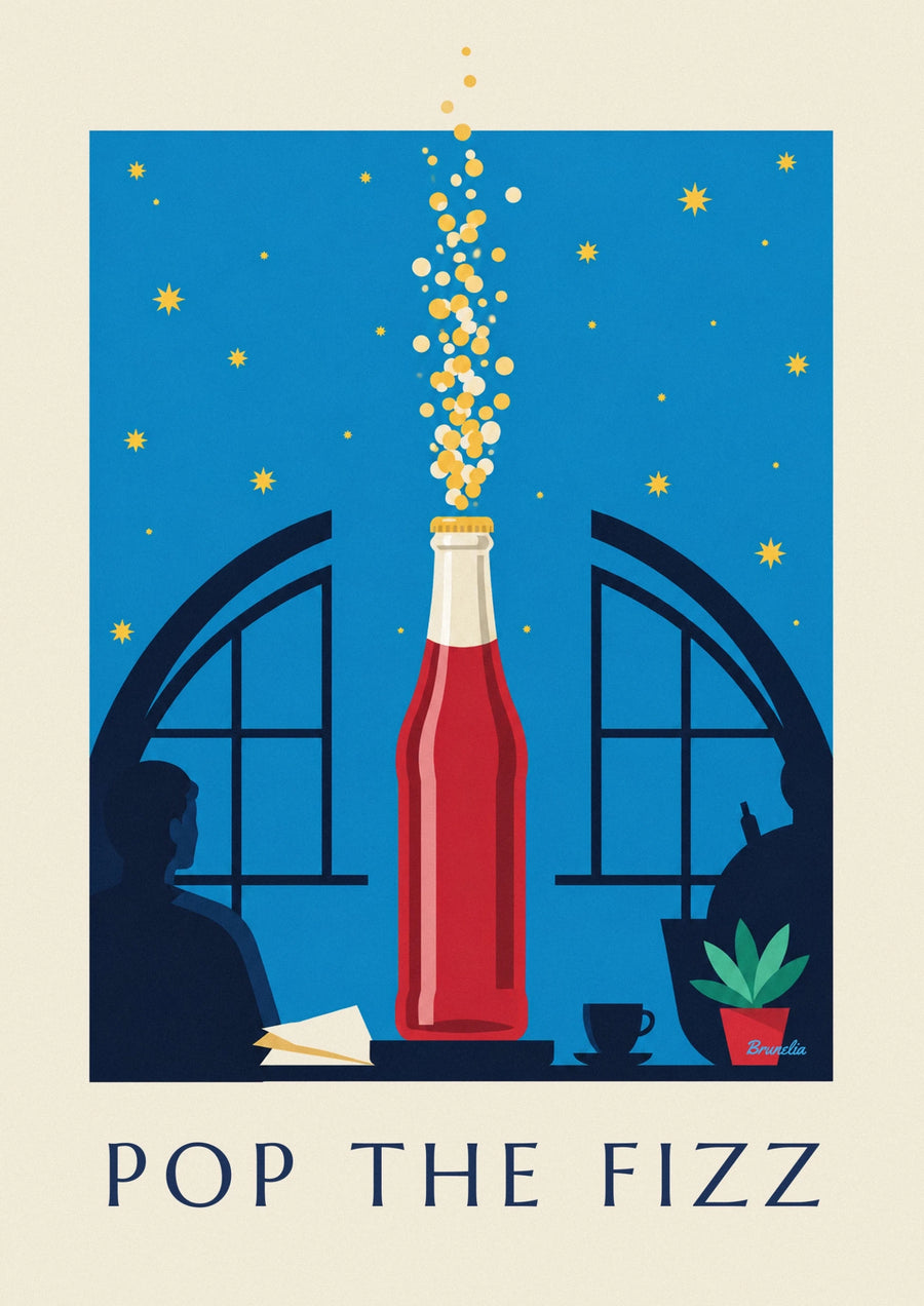 Affiche bouteille de soda pétillant sous un ciel étoilé
